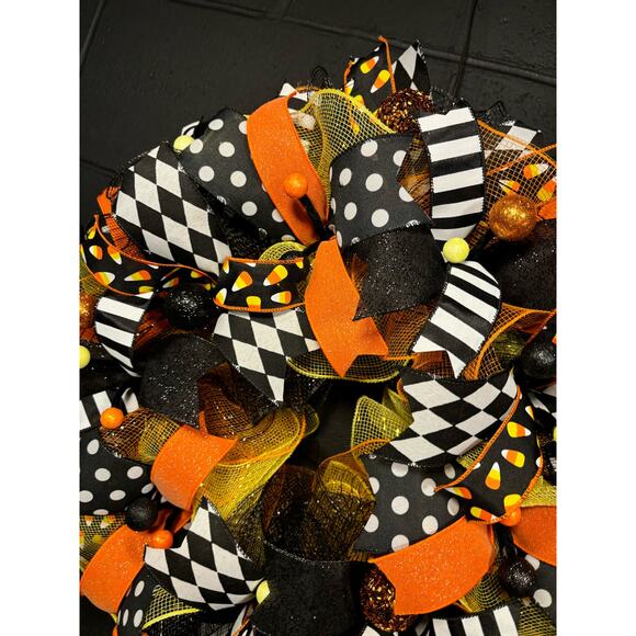 Halloween Wreath for Front Door~Black and Orange-Candy Corn~Handmade 22 inch - Picture 5 of 7